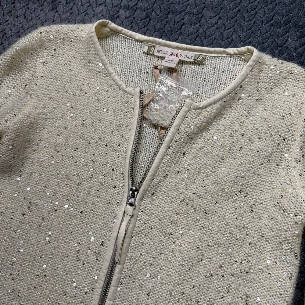 Chelsea & Violet XS Sequin Knit Zip Cardigan Ivory Wool‎ Blend Sparkle Party